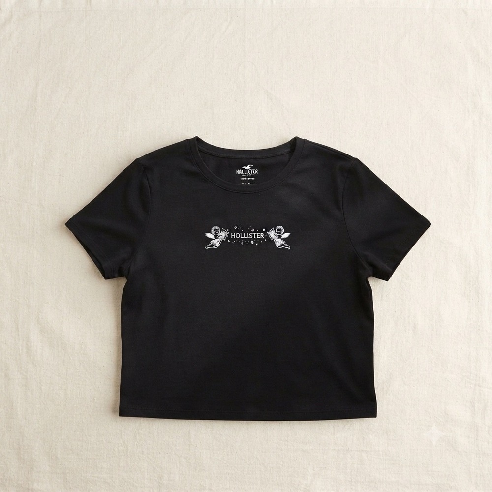 Hollister Womens Black Cherub Angel Graphic Tee Cotton‎ Short Sleeve Shirt L